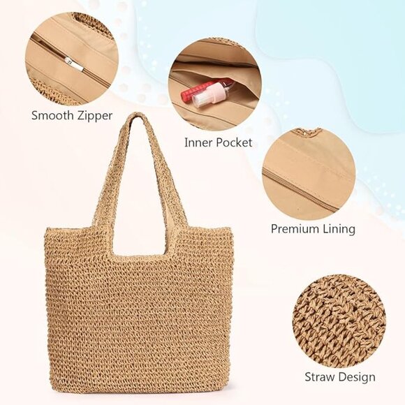Straw Beach Bag, Women Tote Bag Woven Shoulder Bag - Picture 5 of 7